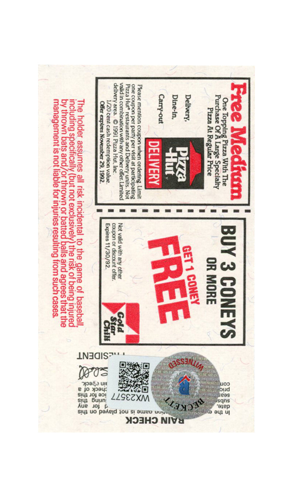 Deion Sanders Signed Atlanta Braves 1992 Game Ticket Stub BAS