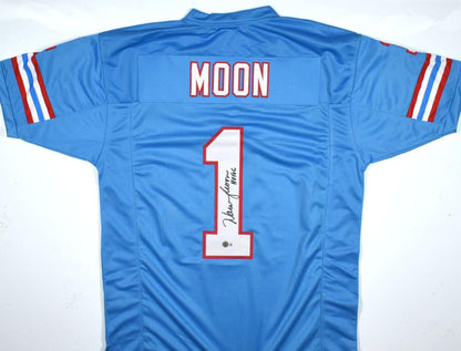 Warren Moon Autographed Blue Custom Jersey (HOF Inscription)