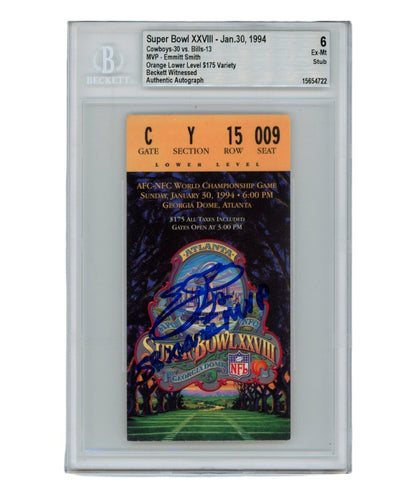 Emmitt Smith Signed Super Bowl XXVIII Ticket Stub MVP Inscription Beckett 6
