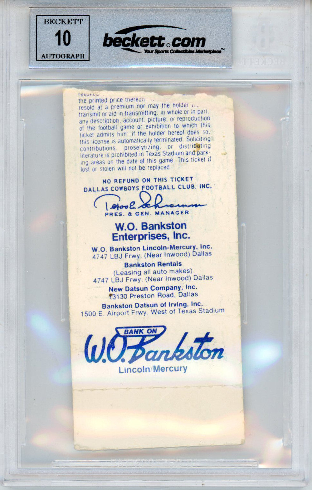 Tony Dorsett Autographed 1981 Ticket Stub vs Oilers Beckett Slab