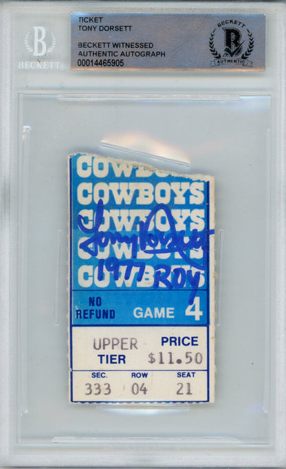 Tony Dorsett Signed Cowboys 1977 Game 4 Ticket Stub ROY Beckett Slab