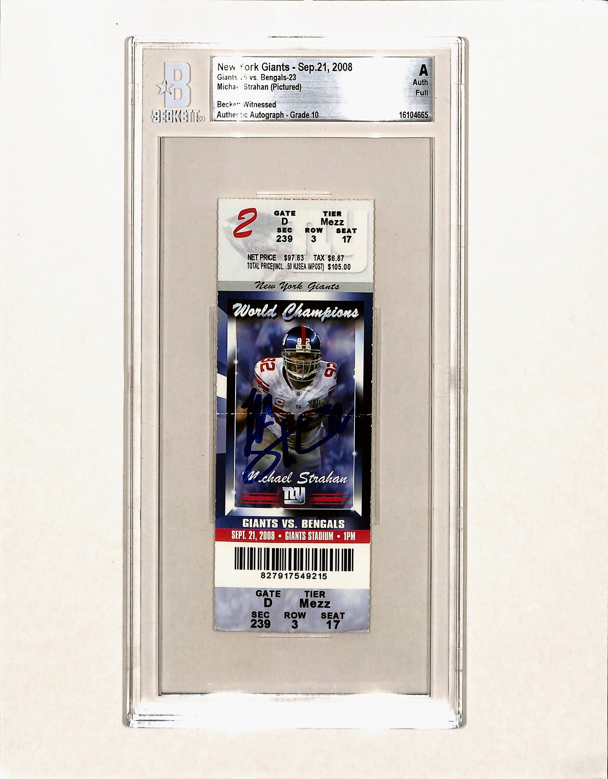 Michael Strahan Signed New York Giants Ticket Stub Beckett Slabbed