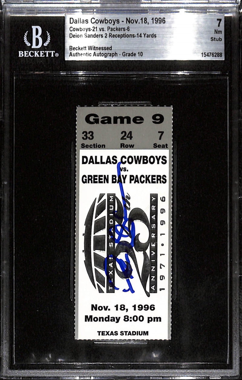 Deion Sanders Signed Dallas Cowboys Slabbed Ticket Stub - Beckett Grade 7