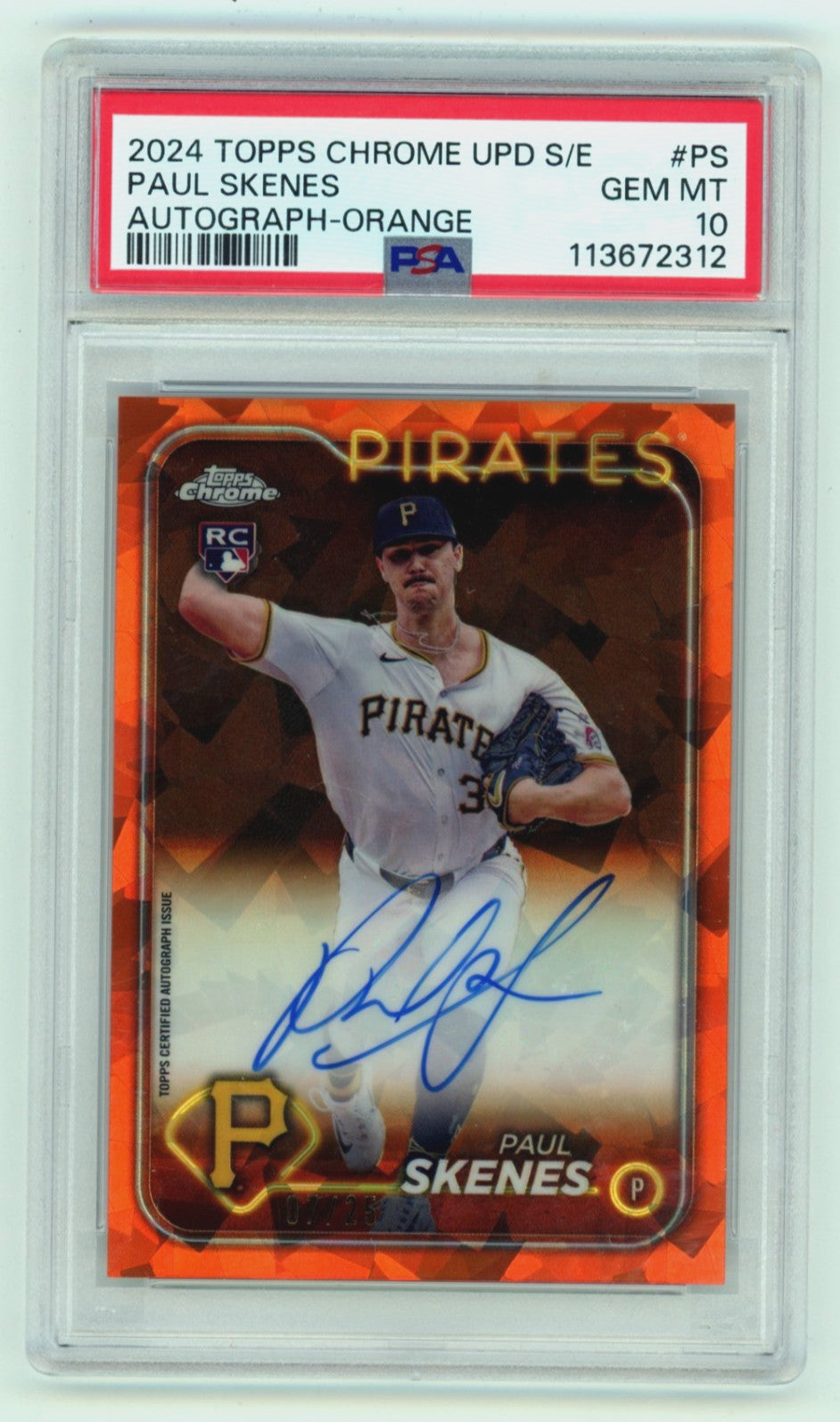 Paul Skenes 2024 Topps Chrome Update Sapphire Orange Auto RC /25 PSA 10