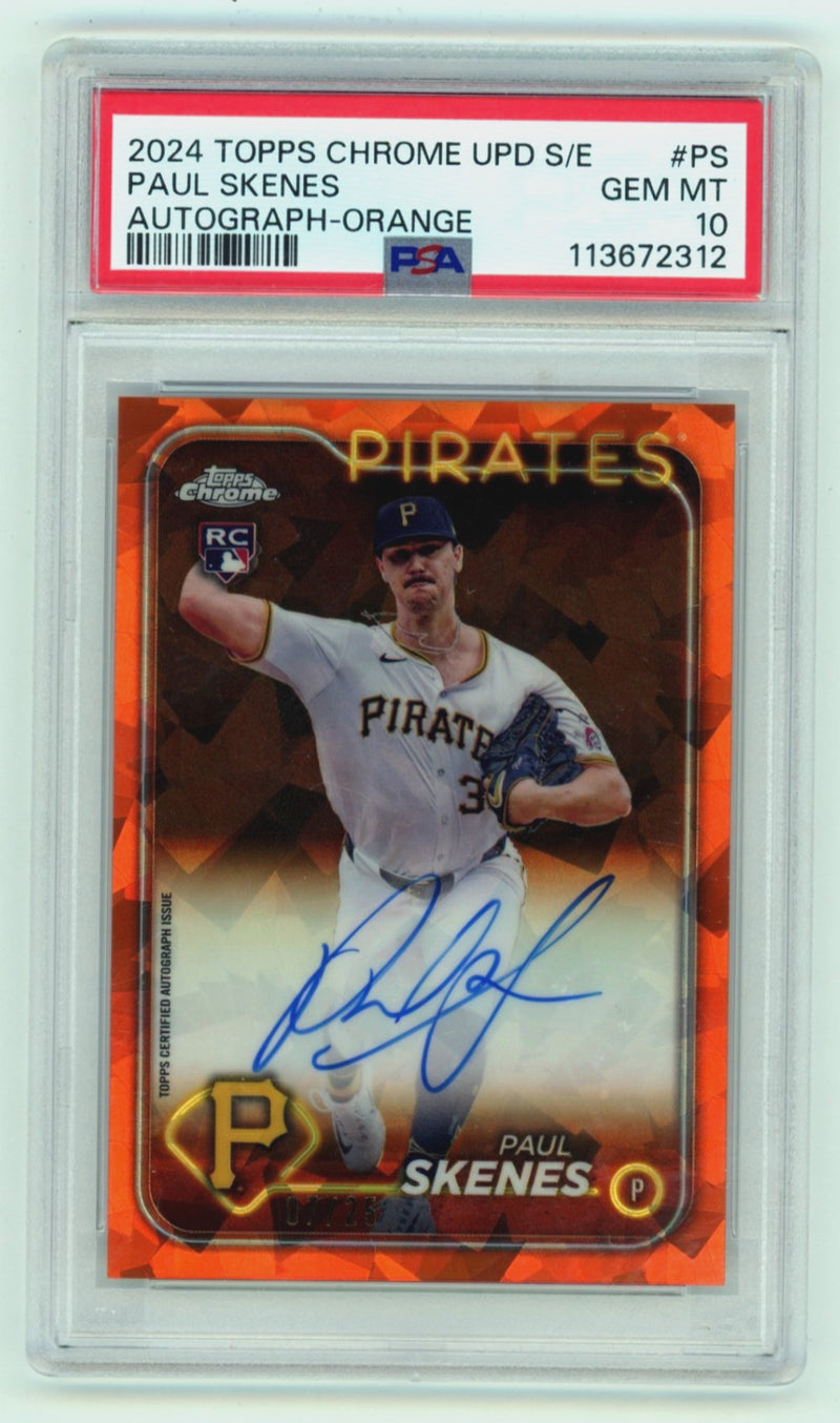 Paul Skenes 2024 Topps Chrome Update Sapphire Orange Auto RC /25 PSA 10