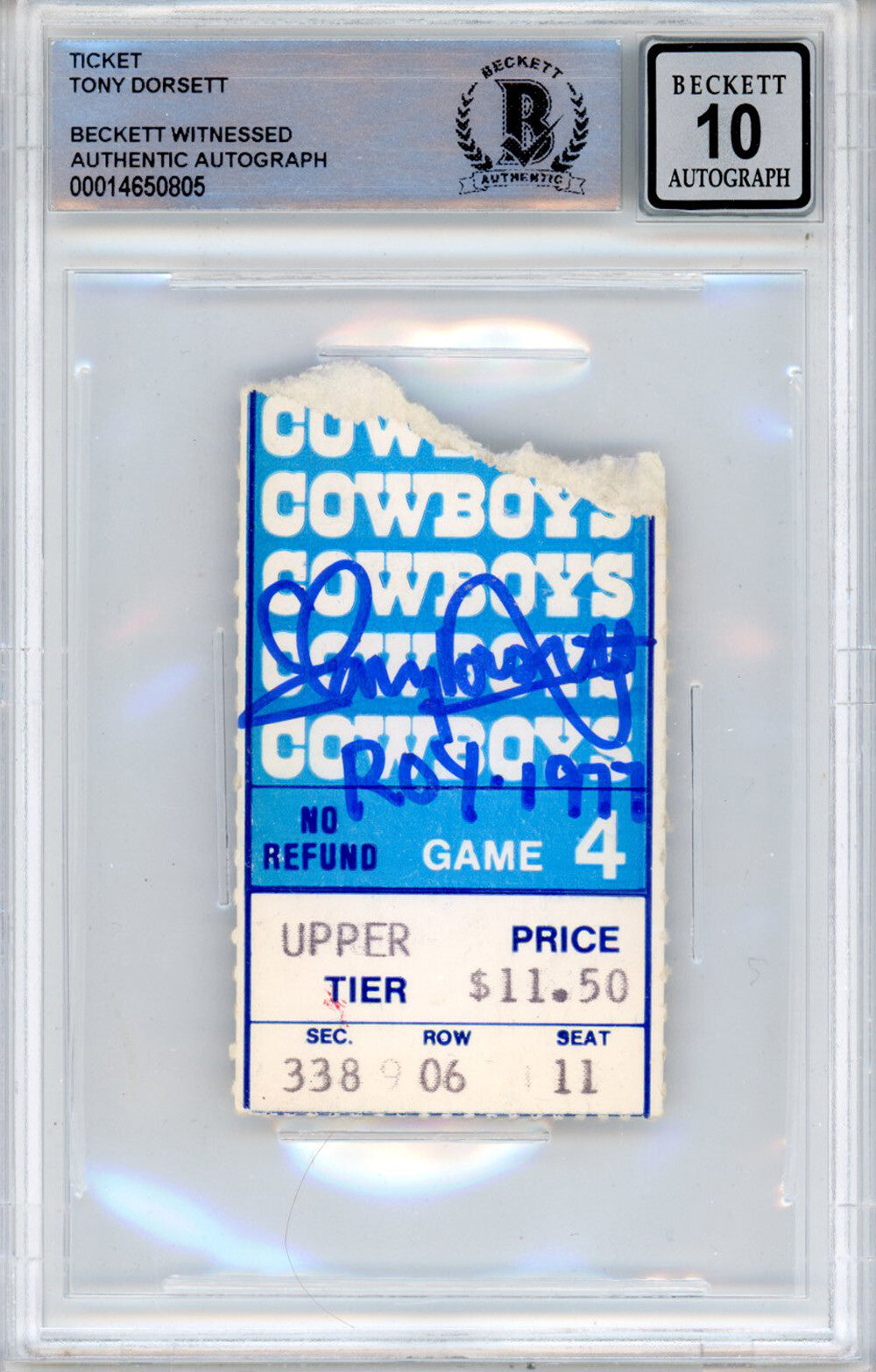 Tony Dorsett Autographed Dallas Cowboys Ticket Stub (11/6/1977) Beckett Slab