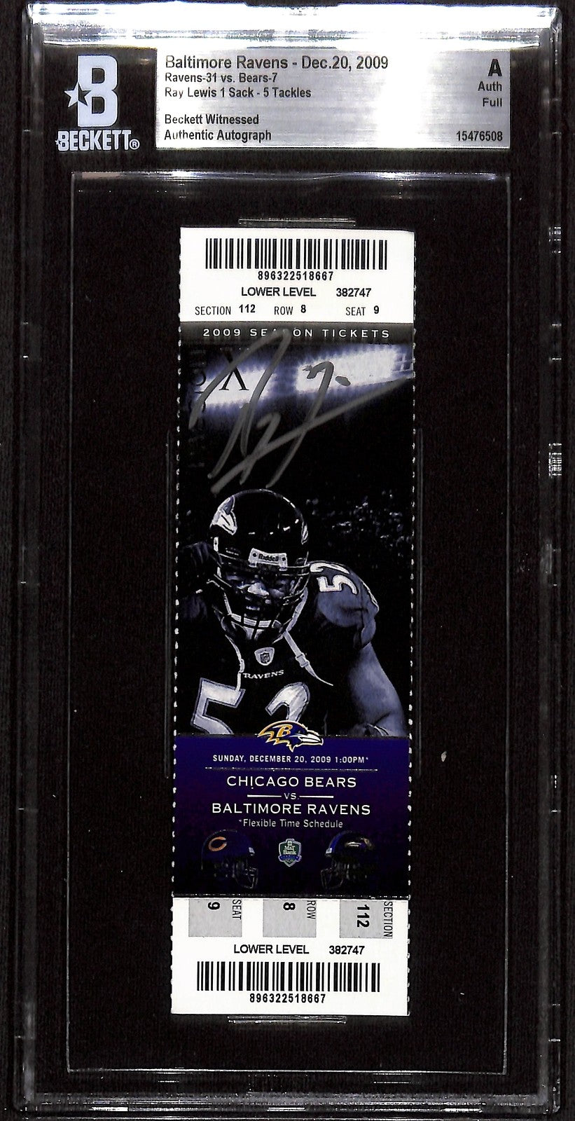 Ray Lewis Signed Baltimore Ravens 12/20/2009 Slabbed Ticket Stub BAS