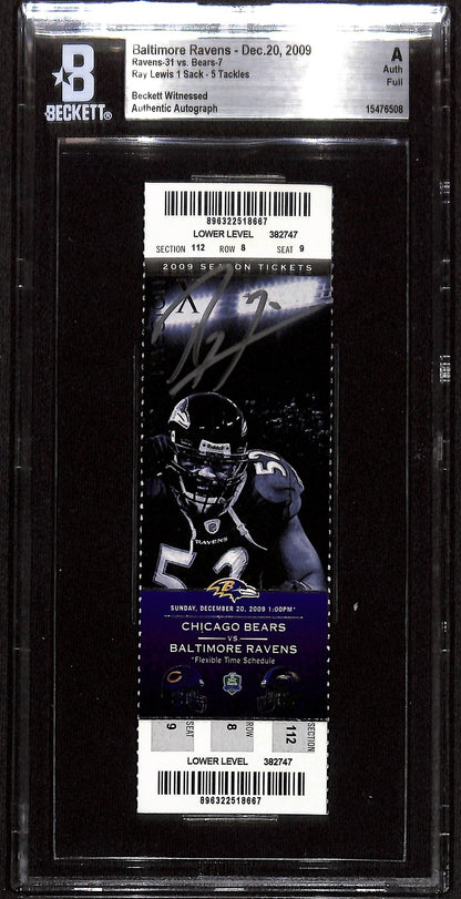 Ray Lewis Signed Baltimore Ravens 12/20/2009 Slabbed Ticket Stub BAS