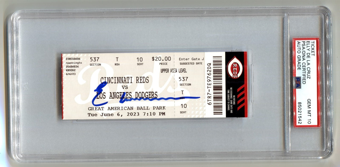 Elly De La Cruz Signed MLB Debut Game Ticket 6/6/2023 PSA 10 Auto