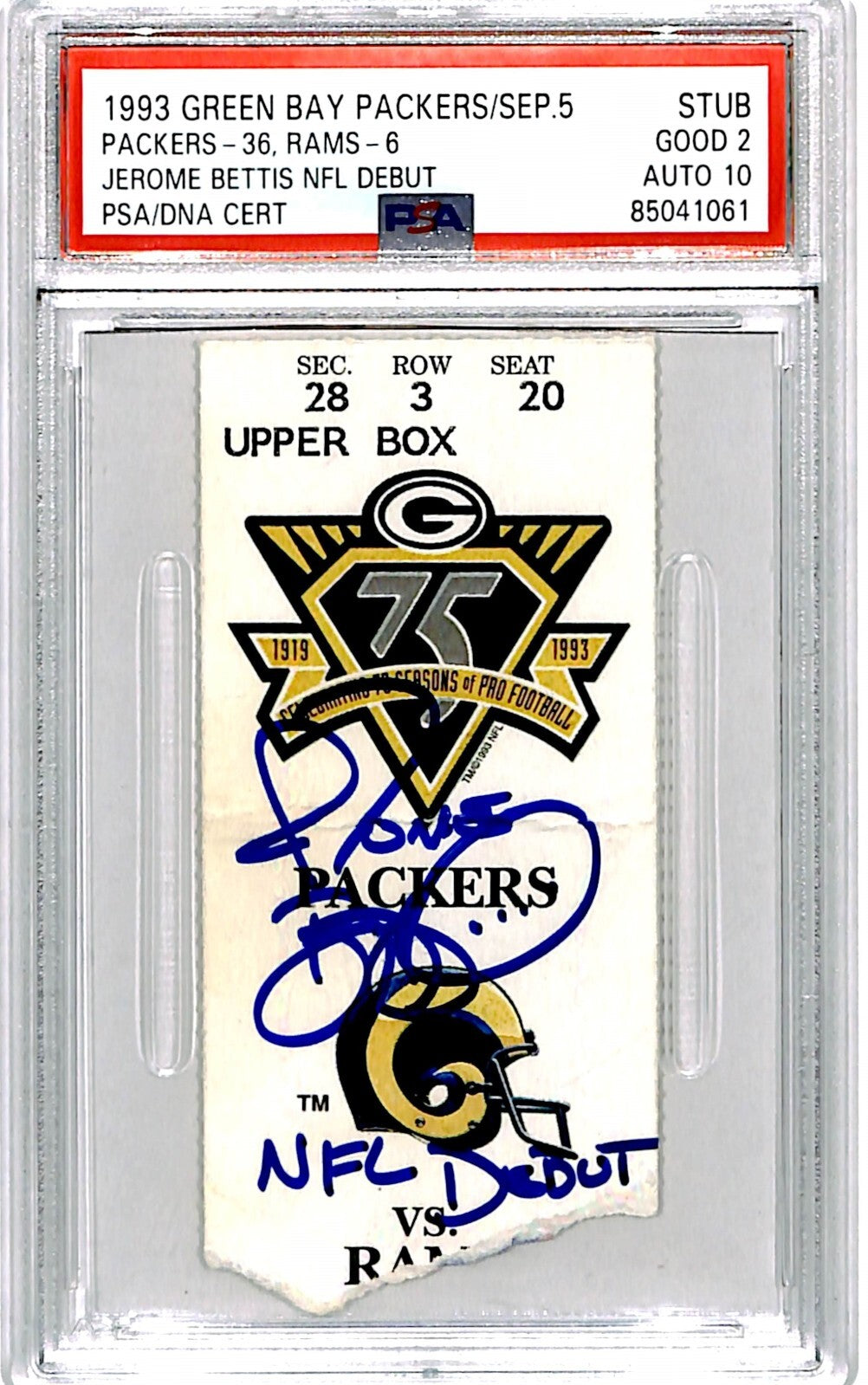 Jerome Bettis Signed Ticket Stub (NFL Debut) Los Angeles Rams PSA