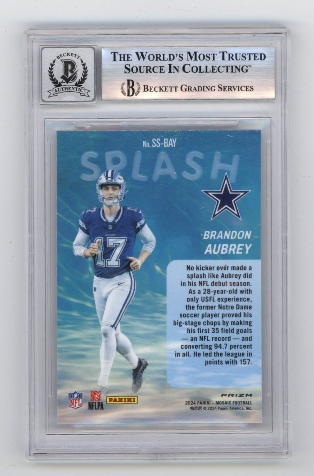 Brandon Aubrey Signed 2024 Panini Mosaic Splash Trading Card BGS 10 Auto