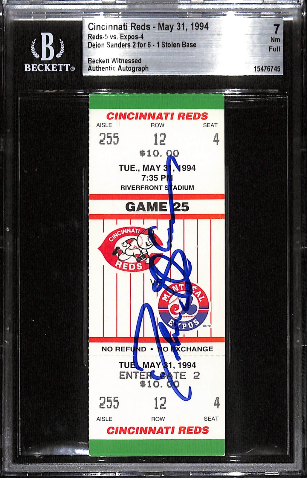 Deion Sanders Signed Cincinnati Reds Slabbed Ticket Stub Beckett Grade 7