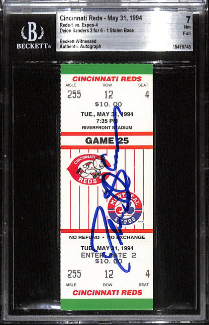 Deion Sanders Signed Cincinnati Reds Slabbed Ticket Stub Beckett Grade 7