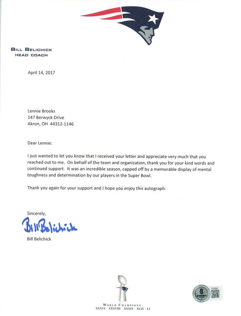Bill Belichick Autographed New England Patriots Personalized Letter