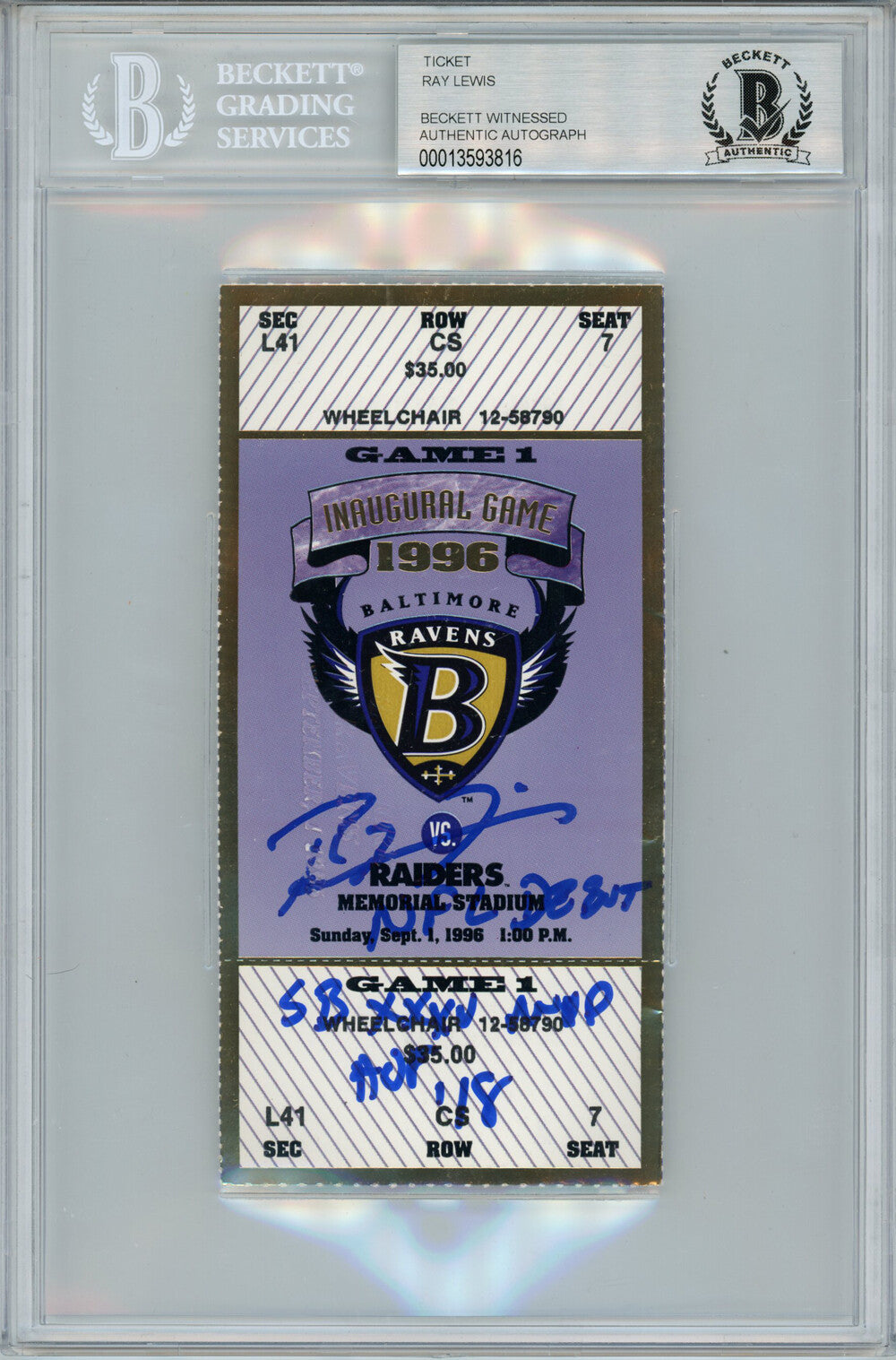 Ray Lewis Signed Baltimore Ravens NFL Debut Ticket Stub 3 Inscriptions BAS Slab