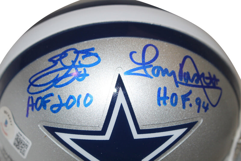 Emmitt Smith & Tony Dorsett Signed Dallas Cowboys VSR4 Mini Helmet HOF BAS