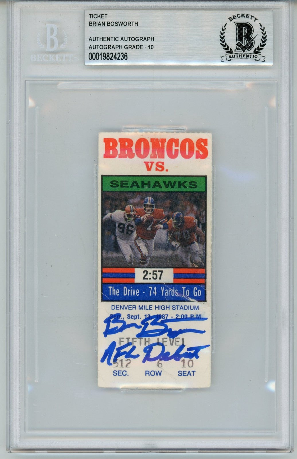 Brian Bosworth Signed Seattle Seahawks NFL Debut Ticket (1987)