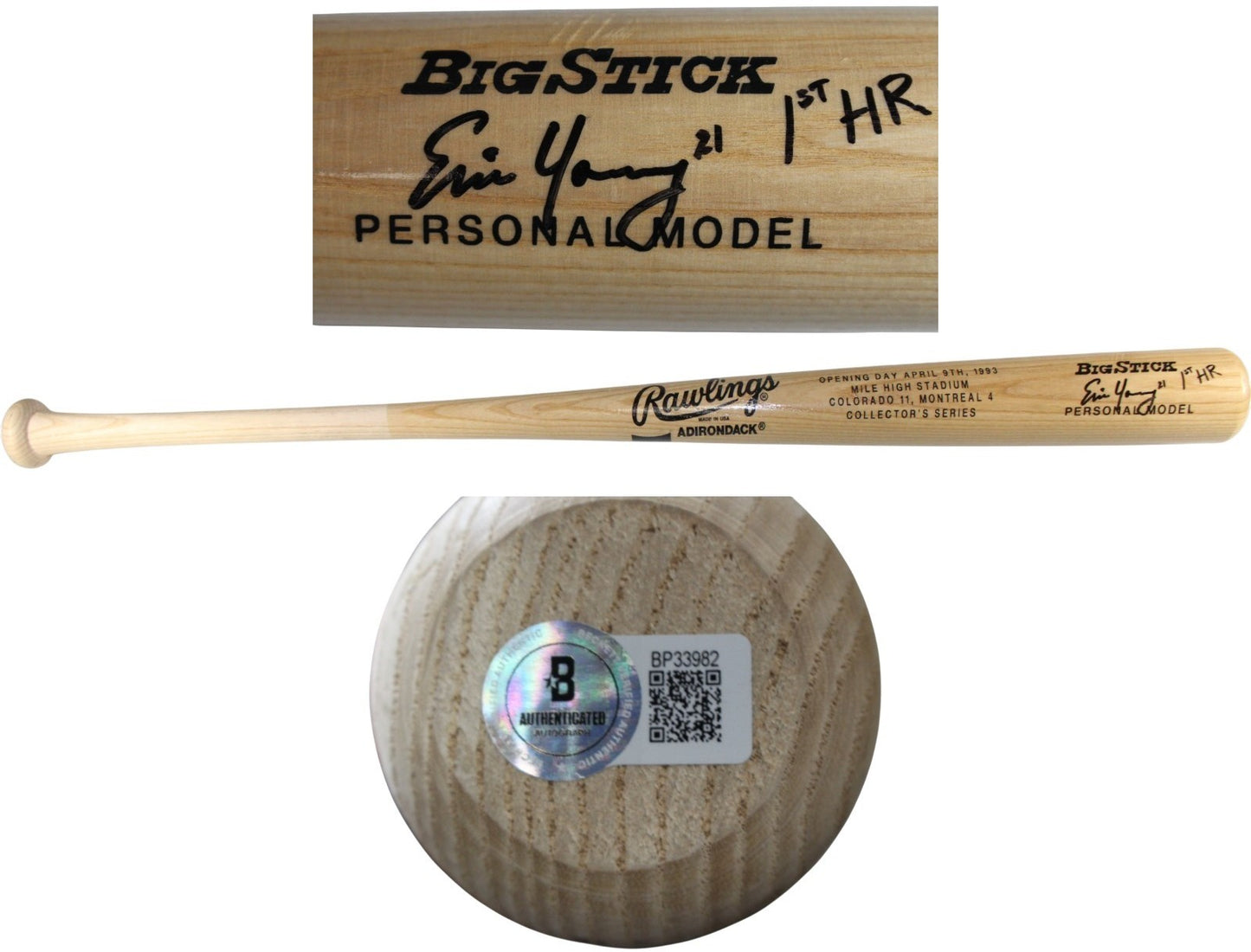 Eric Young Signed Colorado Rockies 1993 Opening Day Bat w/ "1st HR" Inscription