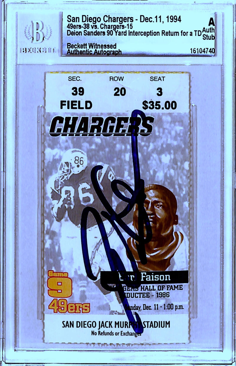 Deion Sanders Autographed San Francisco 49ers Ticket Stub Beckett Slabbed