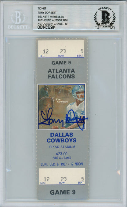 Tony Dorsett Autographed 12/6/1987 vs Falcons Ticket Beckett Slab
