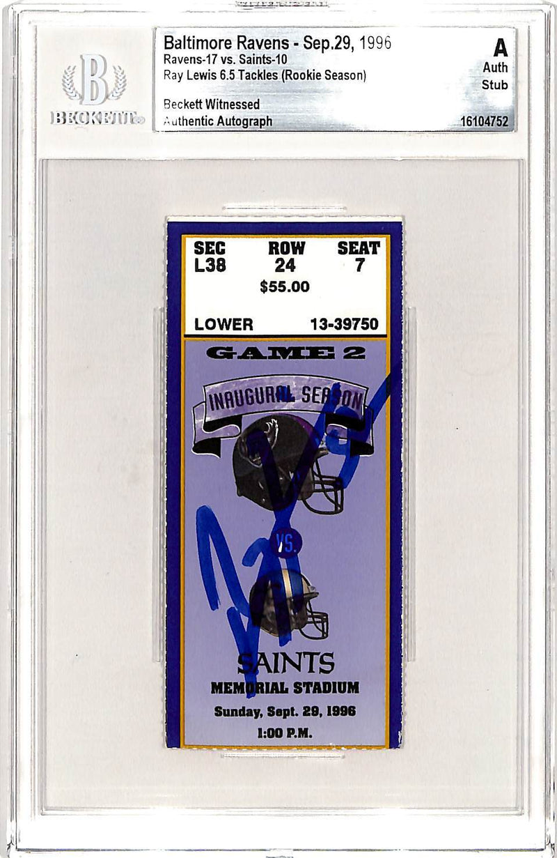 Ray Lewis Signed Baltimore Ravens 9/29/96 Ticket Stub (Beckett Slabbed)