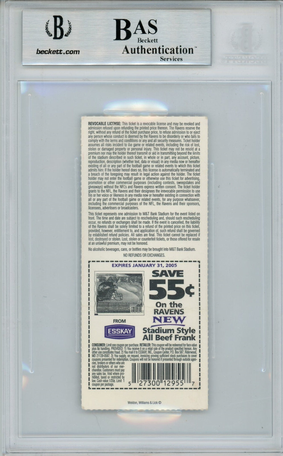 Ray Lewis Signed Baltimore Ravens Ticket Stub vs Browns 11/7/04 BAS Slab