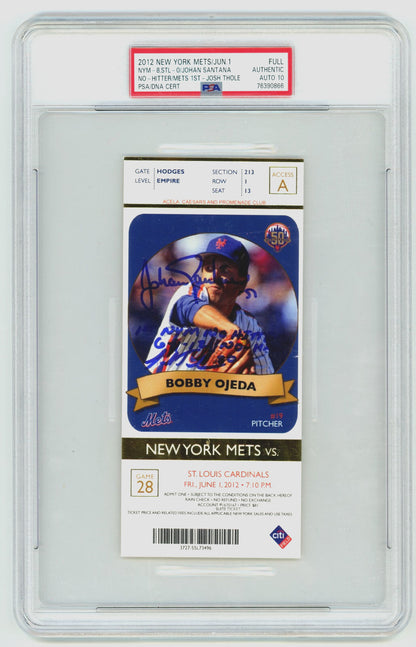 Johan Santana & Josh Thole Dual Signed Mets 1st No-Hitter Ticket PSA 10