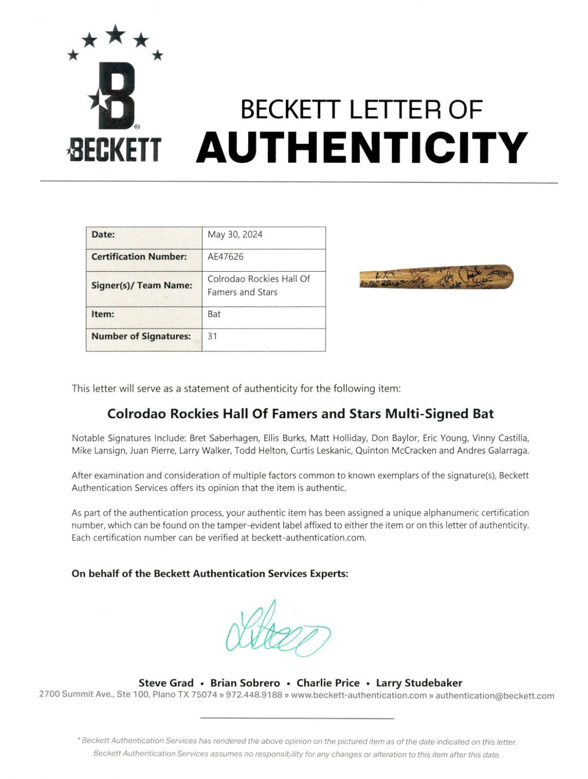 Todd Helton & Larry Walker Multi-Signed Colorado Rockies Baseball Bat