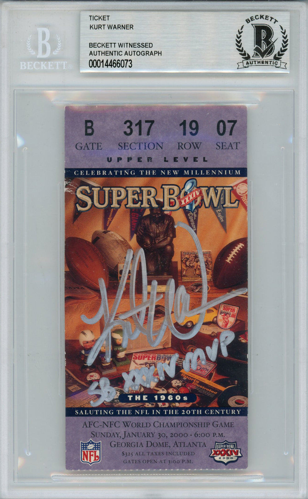 Kurt Warner Signed Super Bowl XXXIV Ticket Stub SB MVP Beckett Slab