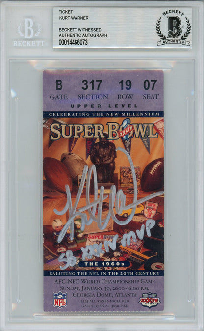Kurt Warner Signed Super Bowl XXXIV Ticket Stub SB MVP Beckett Slab