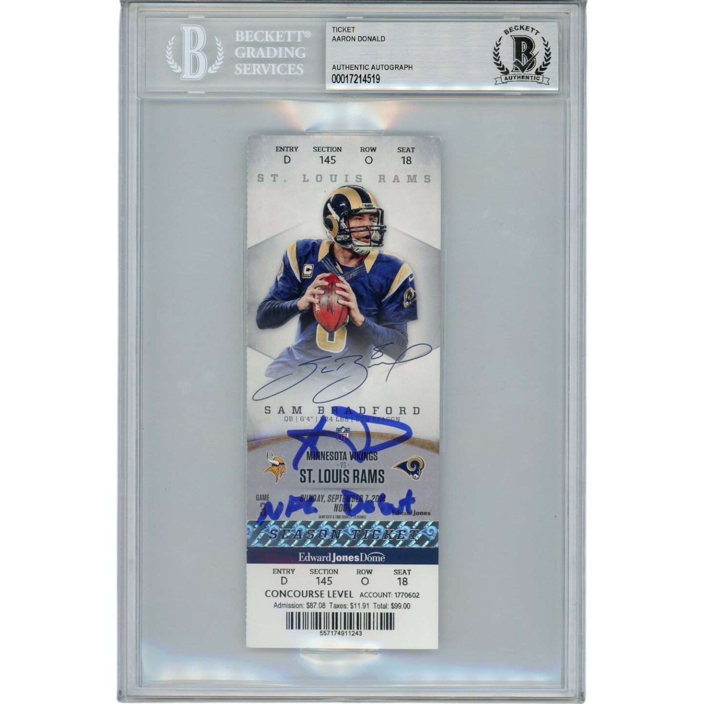 Aaron Donald Autographed Los Angeles Rams NFL Debut Slabbed Ticket Stub