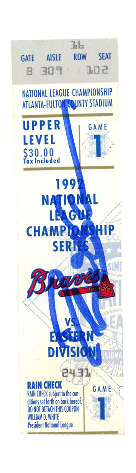Deion Sanders Signed Atlanta Braves 1992 NLCS Game 1 Ticket Stub BAS