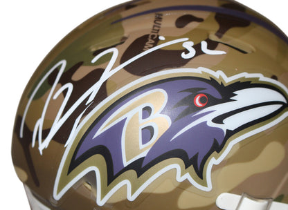 Ray Lewis Baltimore Ravens Autographed Camo Speed Mini Helmet Beckett