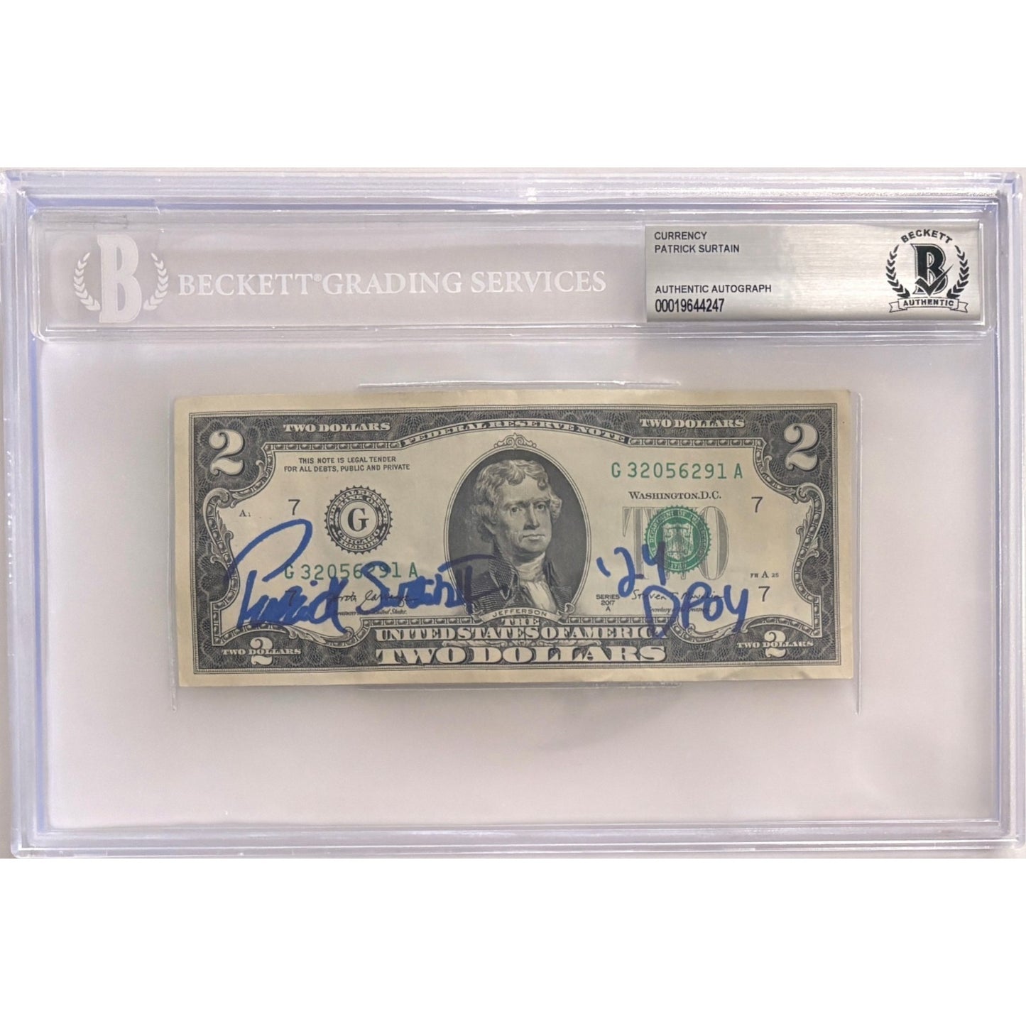 Patrick Surtain Autographed Denver Broncos $2 Bill "24 DPOY" BAS Slabbed