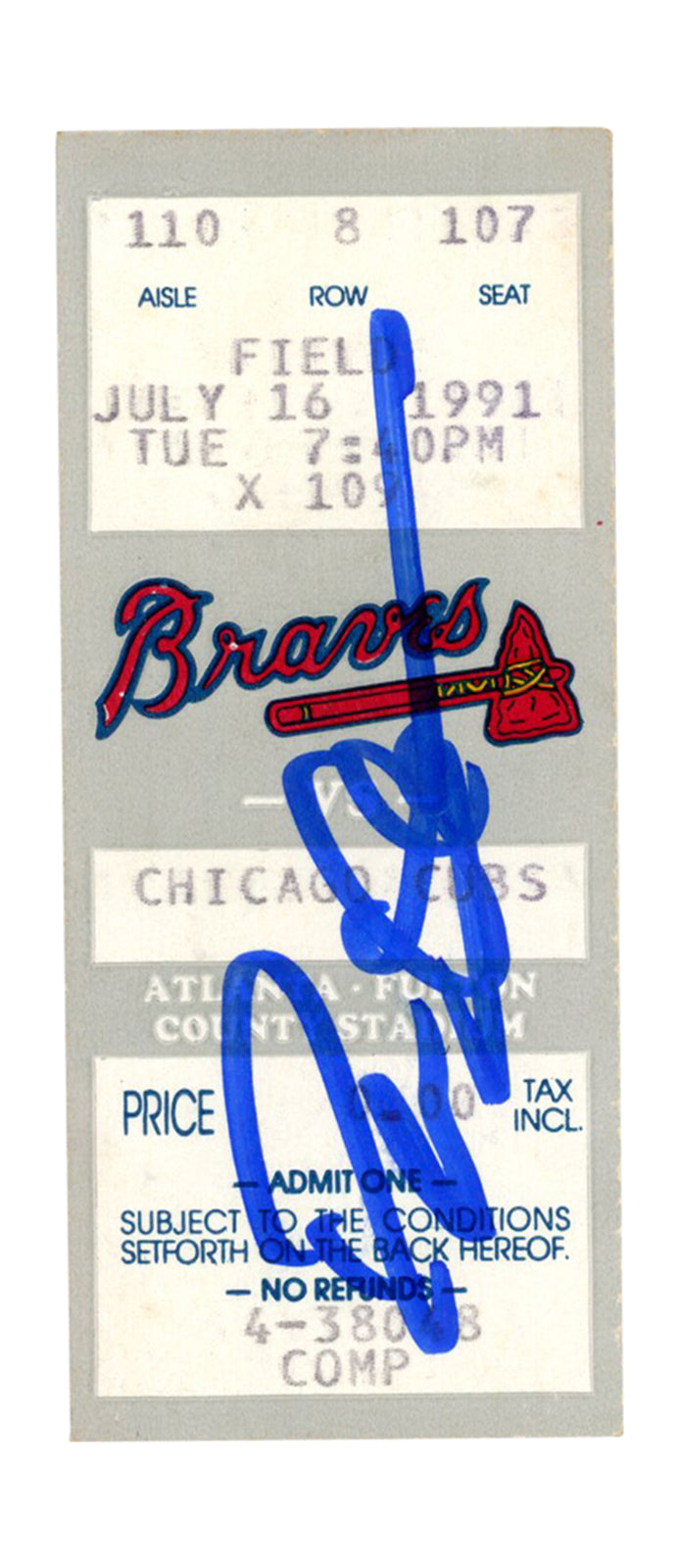 Deion Sanders Signed Atlanta Braves 7/16/1991 vs Cubs Ticket Stub BAS