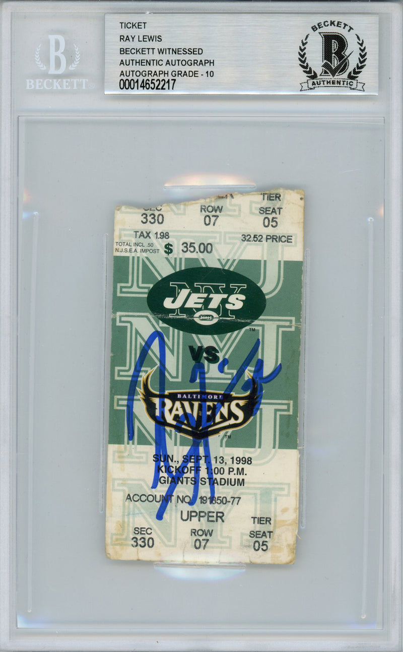 Ray Lewis Autographed Baltimore Ravens vs. Jets Game Ticket Beckett Slabbed