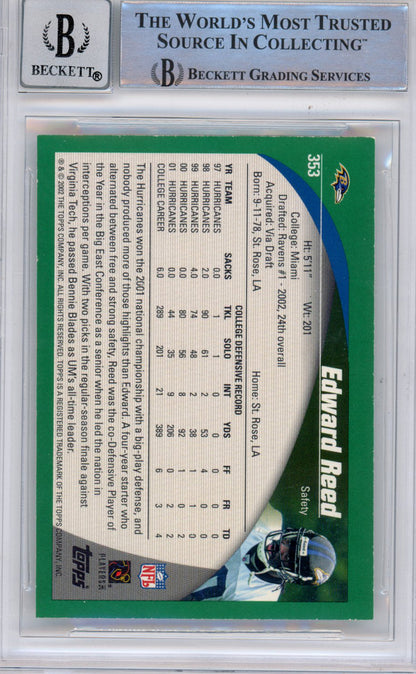 Ed Reed Autographed 2002 Topps #353 Card Slabbed BAS Grade 10