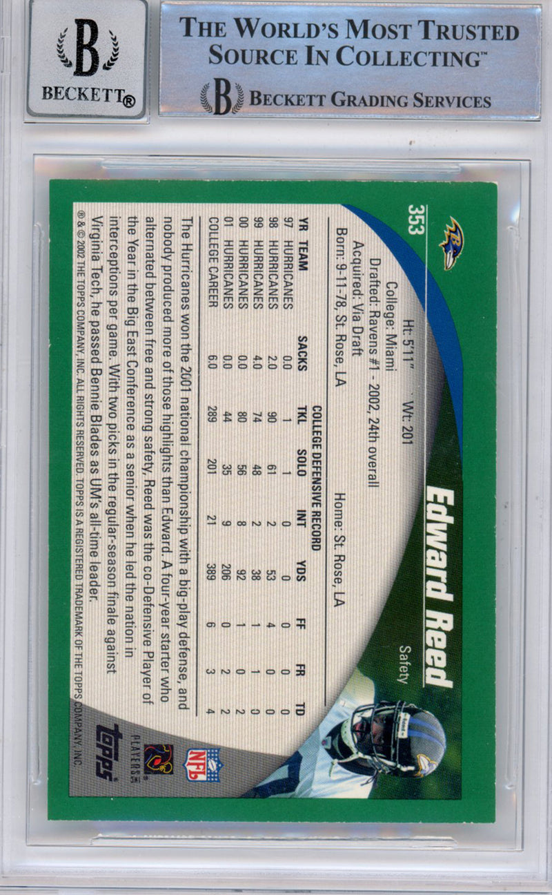 Ed Reed Autographed 2002 Topps #353 Card Slabbed BAS Grade 10