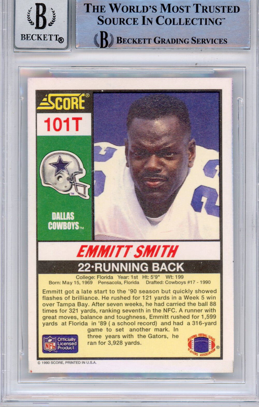 Emmitt Smith Signed 1990 Score Supplemental #101 Card - BAS Grade 10