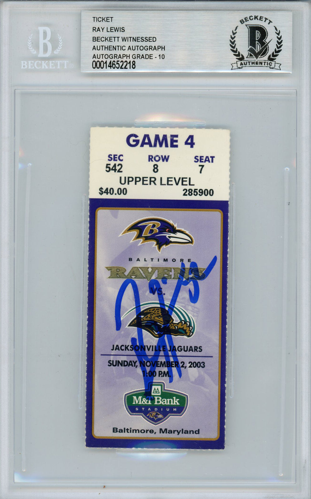 Ray Lewis Autographed 2003 Baltimore Ravens vs Jaguars Ticket Beckett Slab