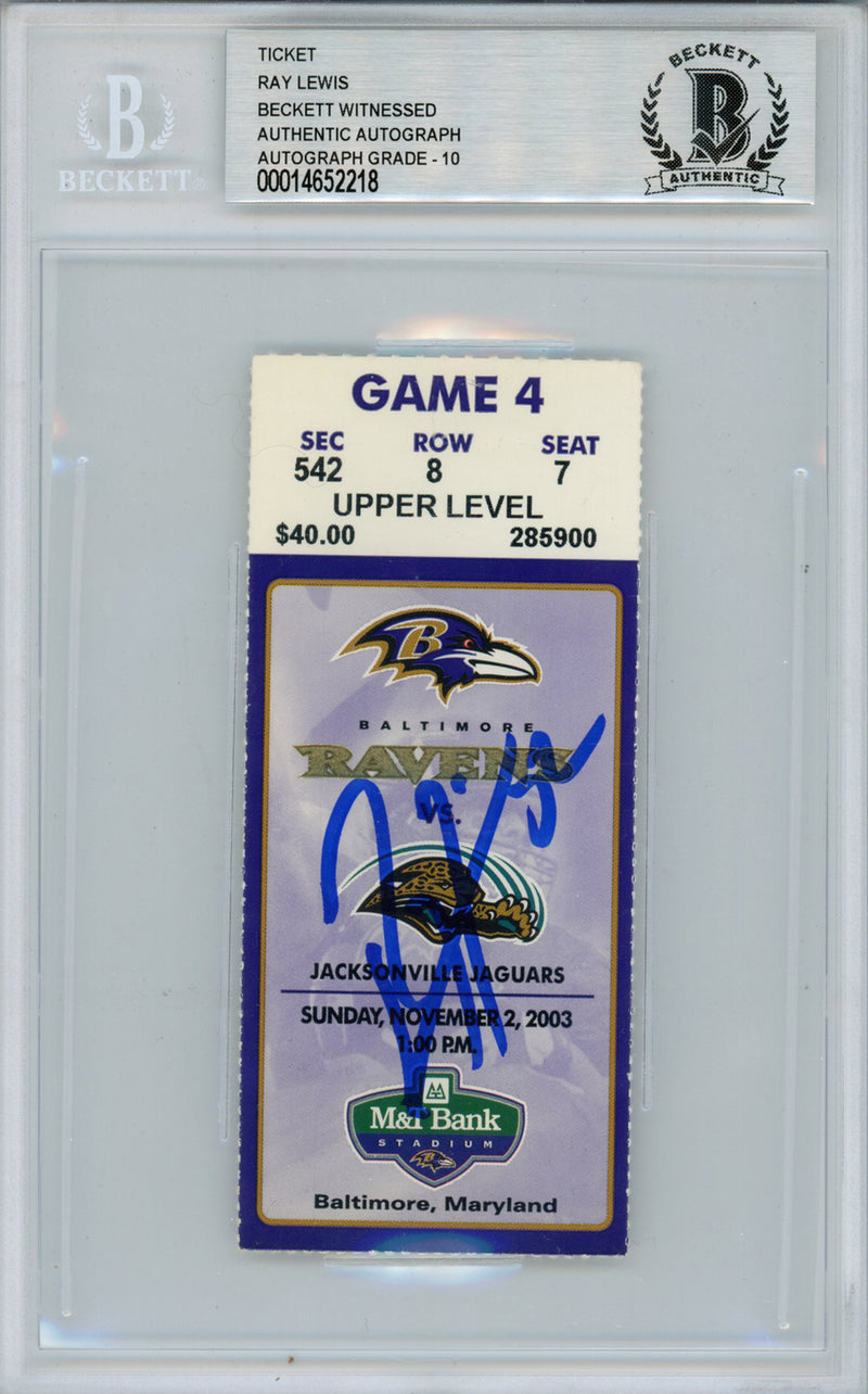 Ray Lewis Autographed 2003 Baltimore Ravens vs Jaguars Ticket Beckett Slab