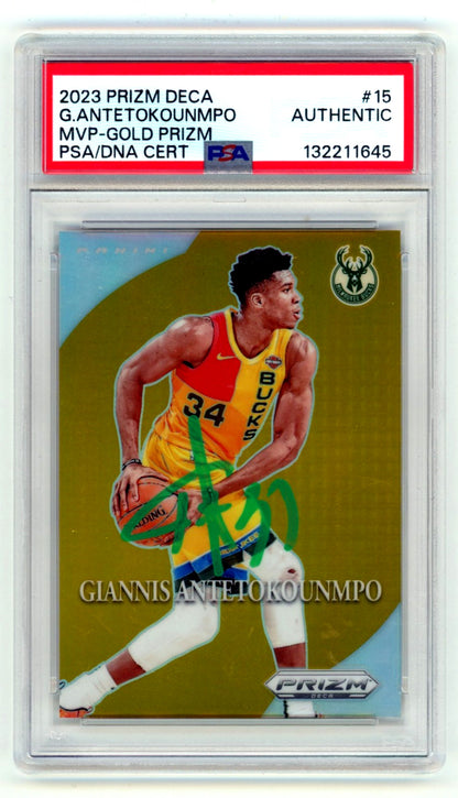 Giannis Antetokounmpo Signed 2023-24 Prizm Gold MVP Card #4/10 - PSA