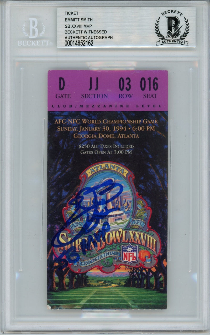 Emmitt Smith Signed Super Bowl XXVIII Ticket Stub Dallas Cowboys BAS Slab