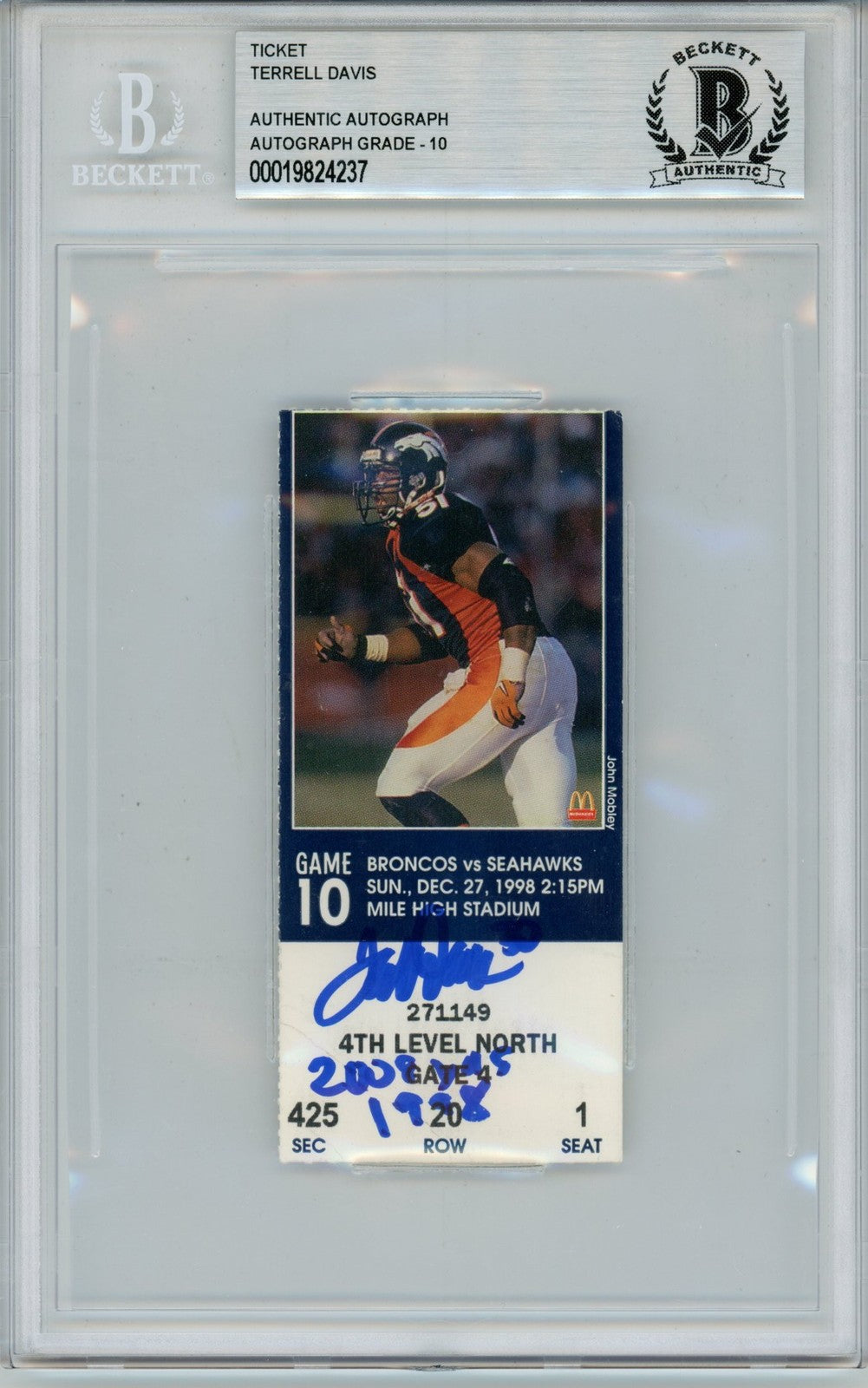 Terrell Davis Signed Denver Broncos 1998 2008 Yards Game Ticket