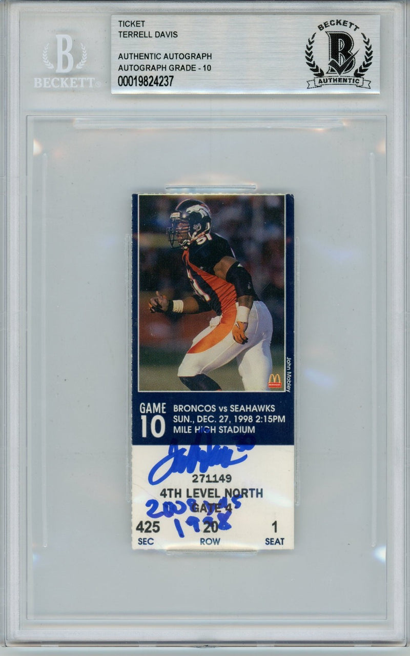 Terrell Davis Signed Denver Broncos 1998 2008 Yards Game Ticket