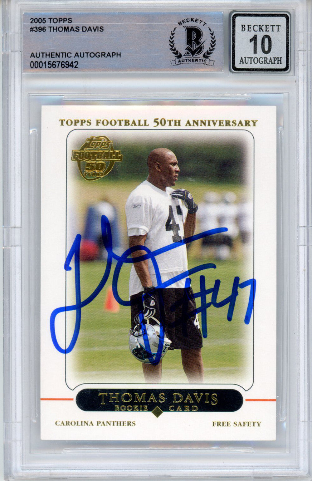 Thomas Davis Signed 2005 Topps #396 Card Autograph Grade 10 BAS Slabbed