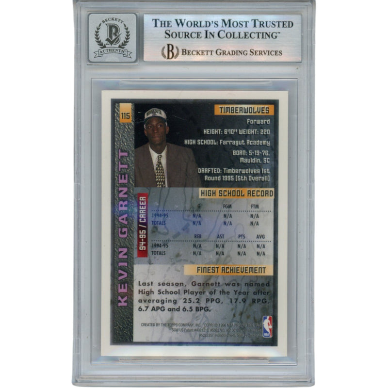 Kevin Garnett Autographed 1995-96 Topps Finest #115 Trading Card (BAS)