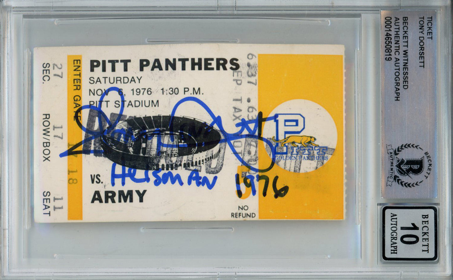 Tony Dorsett Signed 1976 vs Army Ticket Stub Heisman Beckett 10 Slab