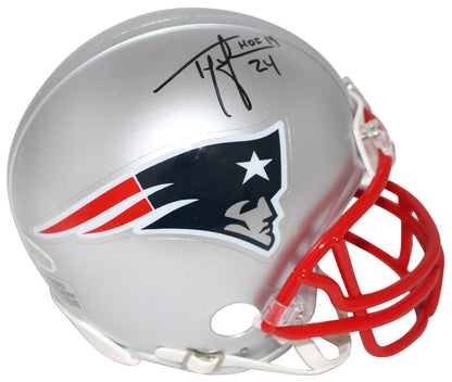 Ty Law Signed New England Patriots Mini Helmet with "HOF" Inscription BAS