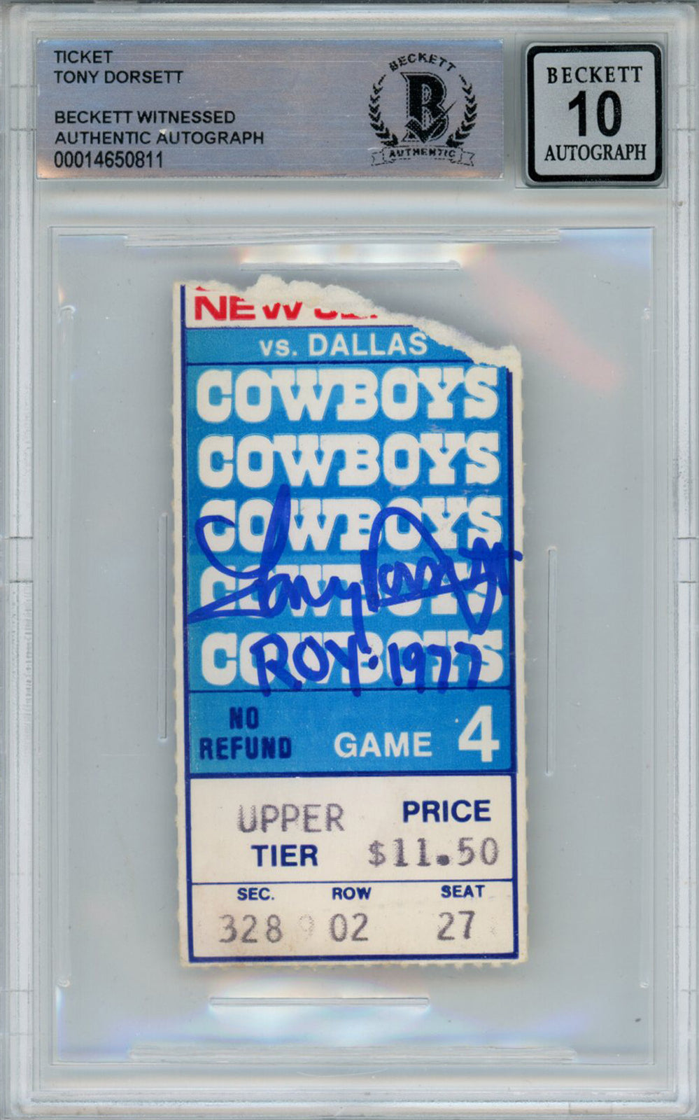 Tony Dorsett Signed 11/6/1977 vs Giants Ticket Stub Beckett Slabbed